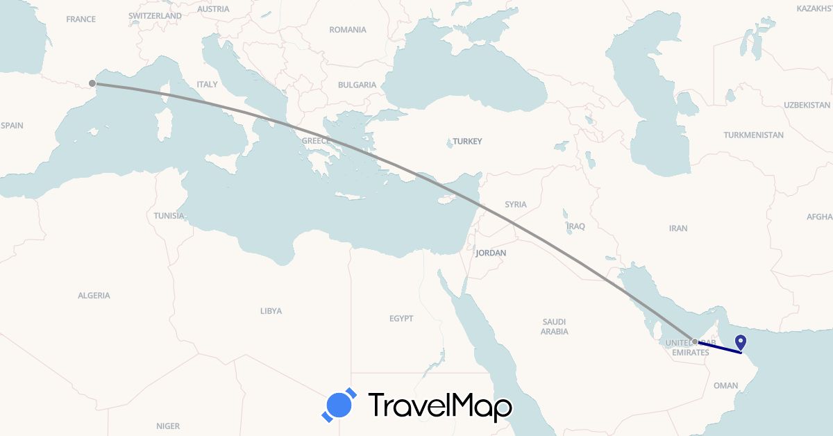 TravelMap itinerary: driving, plane in United Arab Emirates, France, Oman (Asia, Europe)